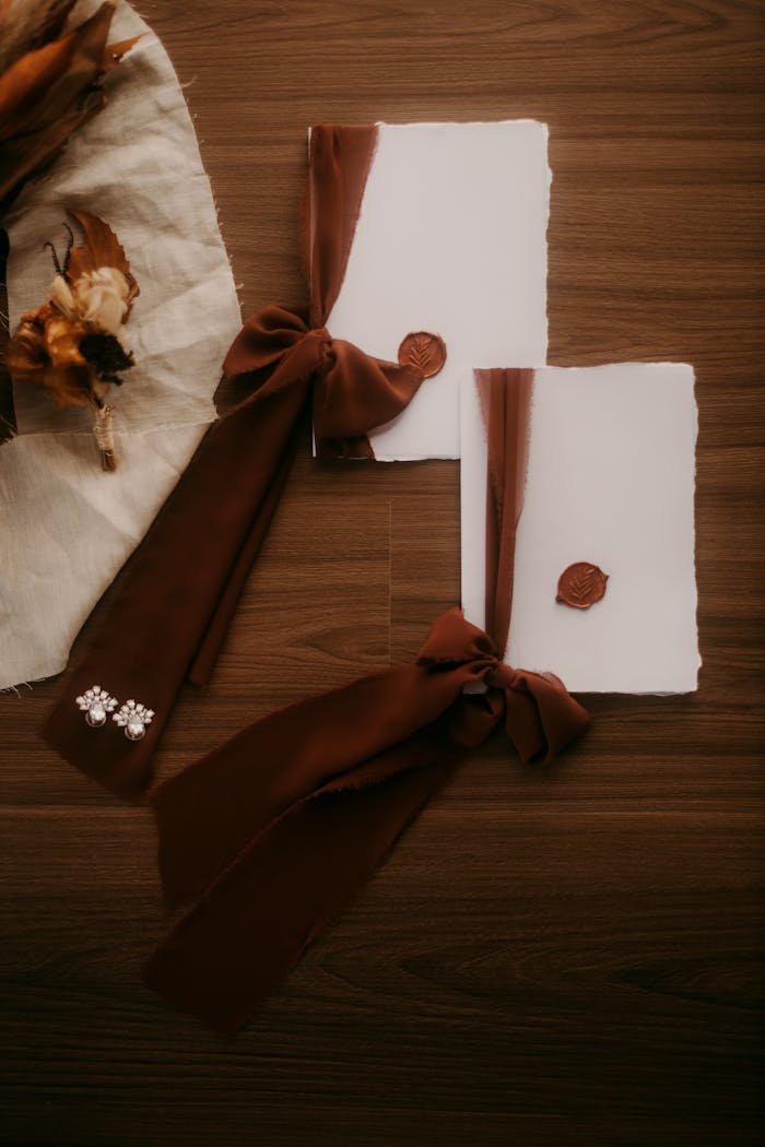 Chic wedding invitations on wooden surface with floral accents and wax seal.